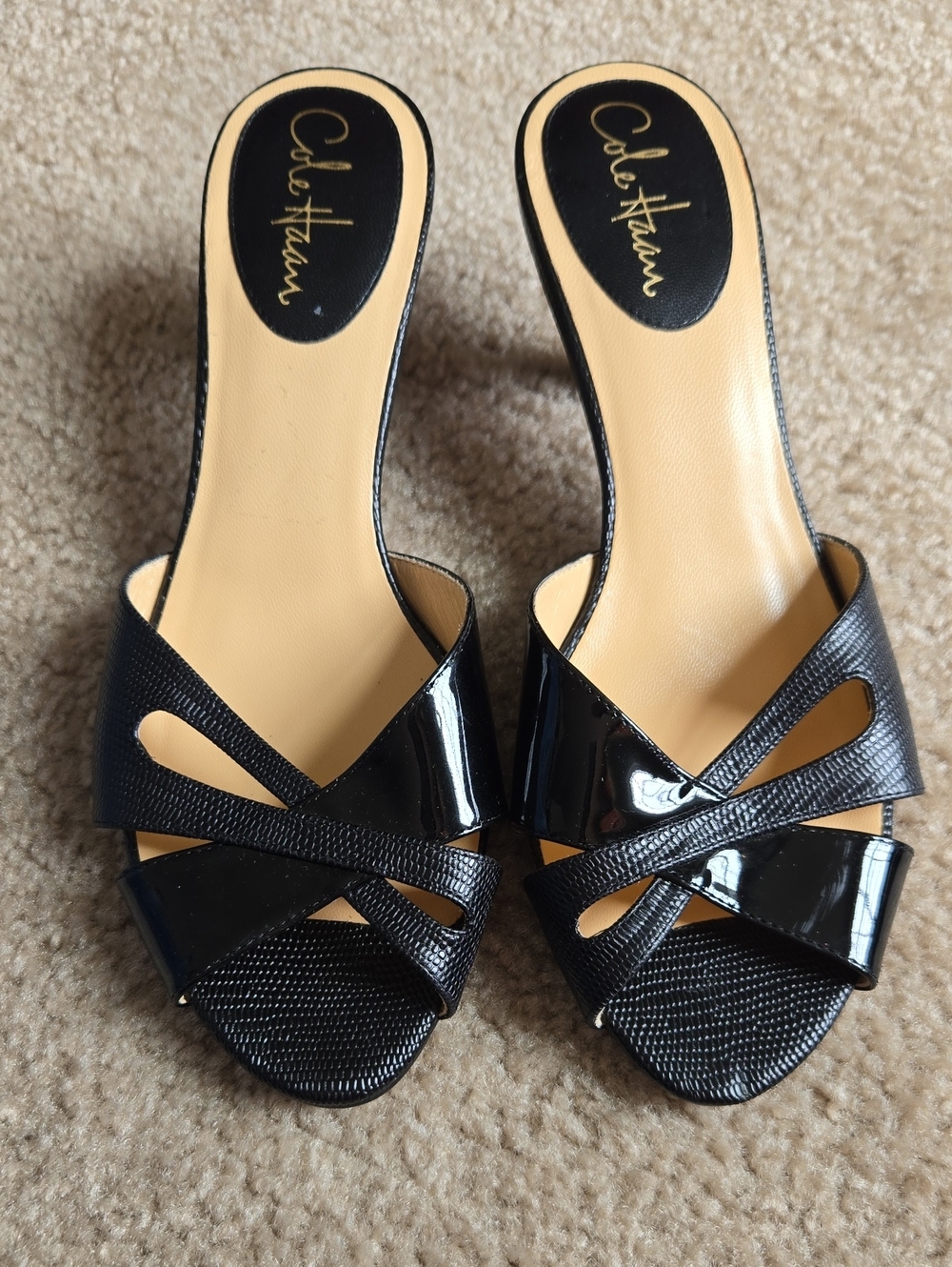 Cole Haan Black Patent Crisscross Slide Mules
